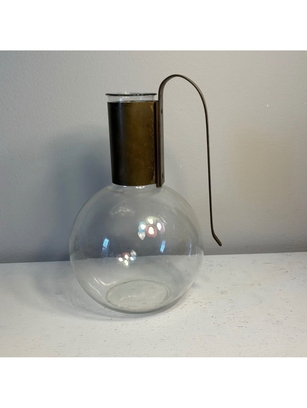 Vintage Glass Carafe Pitcher with Brass Handle 10 1/4 Tall